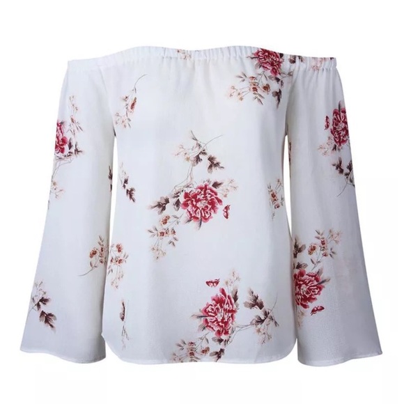 Off Shoulder White Floral Bell Sleeve Blouse - Picture 2 of 3